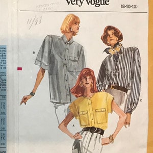 Vogue 9879 Pattern UNCUT 1980s Vintage Button Front Shirt Pointed Collar Jewel Neck Loose Fitting Extended Shoulders Shoulder Pads 8 10 12