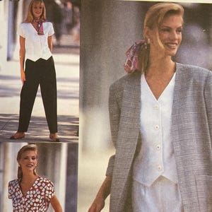 May include: Simplicity sewing pattern envelope featuring images of women's clothing. The envelope includes the text "Simplicity" and "American Classic". The clothing includes a blazer, shorts, and blouses.
