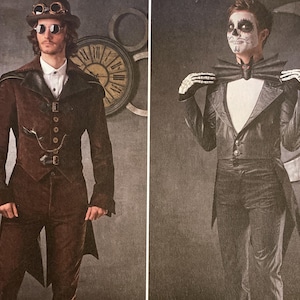 Peut inclure: Patron Simplicity 1039 BB avec deux modèles de costumes. L'un est une tenue marron d'inspiration steampunk avec des lunettes. L'autre est un costume noir avec du maquillage de squelette. Le patron comprend les tailles FR 56-62.
