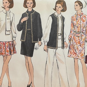 May include: Vintage Vogue sewing pattern 7671 featuring illustrations of women's fashion designs. The pattern includes a variety of outfits, including dresses, skirts, and pantsuits. The pattern is marked with "New Sizing".