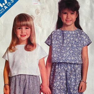 See & Sew 6185 Pattern UNCUT 1980s Vintage Very Easy Little Girl&#39;s Extended Shoulder Short Sleeved Shirt Pull On Pants or Shorts Size 2 3 4
