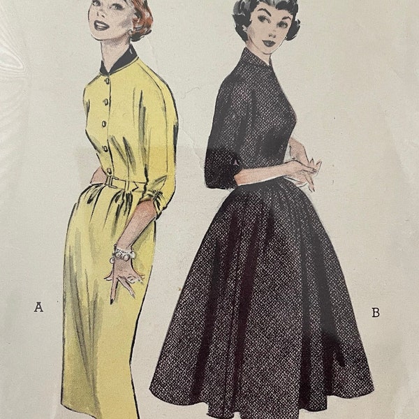 Butterick 6715 Pattern CUT Complete 1950s Vintage Button Front Dress Straight Wiggle Skirt Ful Flared Kimono 3/4 Sleeves Size 16 Bust 34 VA