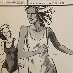 May include: A sewing pattern for a tank suit, with two illustrations of women wearing the suit. The pattern number is 1320. The pattern is designed for knit fabrics and is available in sizes 30-44.