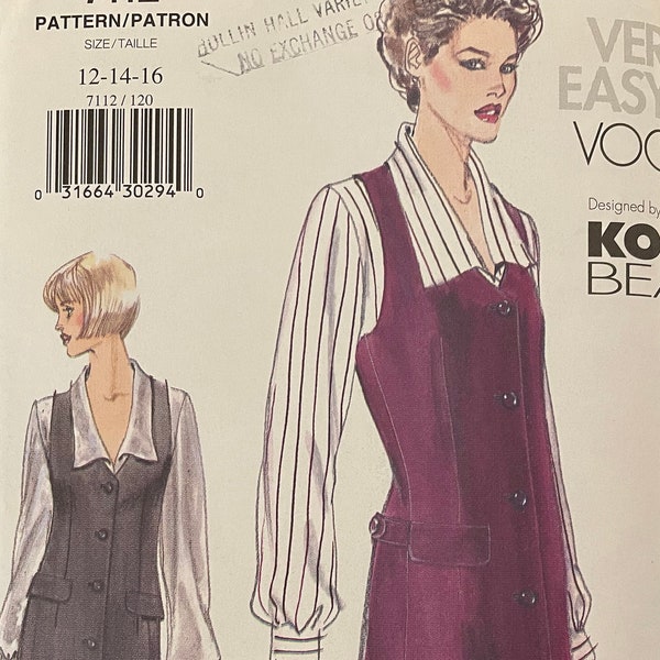 Vogue 7112 Pattern UNCUT 1990s Vintage Koko Beall Very Easy Button Front Jumper Dress Flaps Back Belt Chelsea Collar Blouse Size 12 14 16