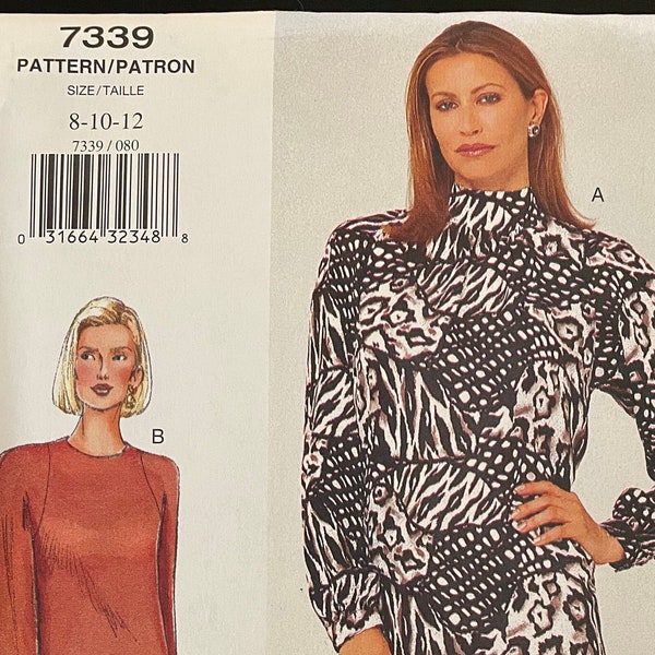 Vogue 7339 Pattern UNCUT 2000s Vintage Easy Woman Below Mid Knee Dress Tapered Loose Fitting Shoulder Pads Side Pockets Size 8 10 12