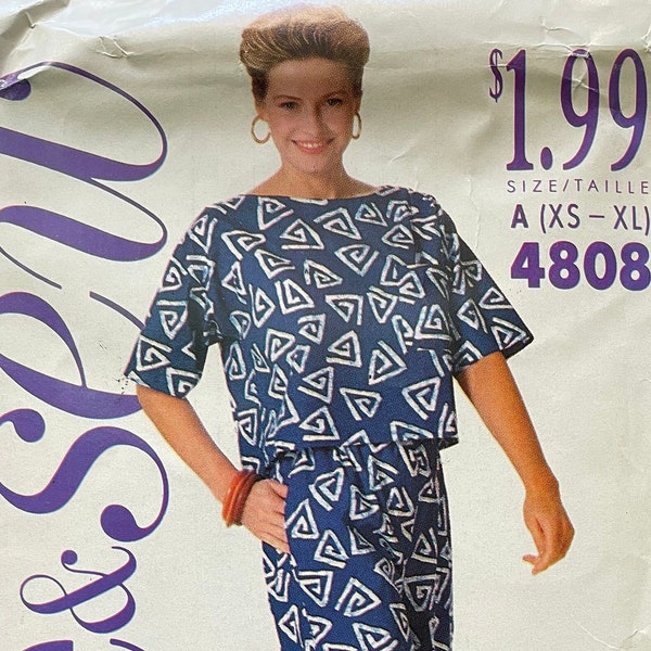 See & Sew 4808 Pattern UNCUT 1990s Vintage Very Easy Cropped Top Bateau Neck Short Elbow Sleeves Pants Ankle Length Pocket Size XS S M L XL