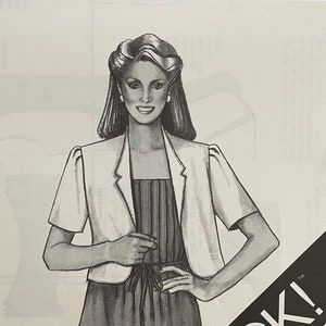 May include: A black and white illustration of a woman wearing a white bolero jacket over a striped dress. The illustration is from a sewing pattern for a bolero jacket, titled "Stretch & Sew" and numbered "1021". The pattern is designed by Ann Person and includes sizes 30 to 46.