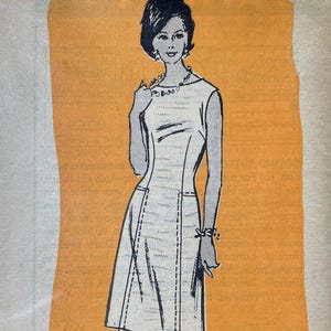 May include: Vintage sewing pattern featuring a line drawing of a sleeveless dress. The illustration is in black and white on an orange background. The text "Printed Pattern" and "4712 - SIZE 16" are visible.