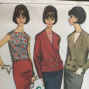 McCalls 7615 motif COUPE complète vintage des années 1960 veste croisée sans manches haut coquille mince jupe pantalon costume ensemble taille 12 14 buste 32 34"