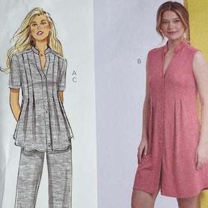 May include: A Butterick sewing pattern featuring illustrations of two outfits. One is a gray, button-down top and pants set. The other is a pink, sleeveless dress. The pattern number is B6945, size Y5 (18-20-22-24-26).