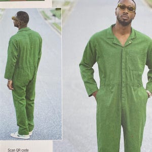 May include: A sewing pattern for a green jumpsuit, labelled "KNOW ME" by Mimi G. The pattern size is BB (44-46-48-50-52). The image shows a man modelling the jumpsuit. Includes a QR code for a video tutorial.