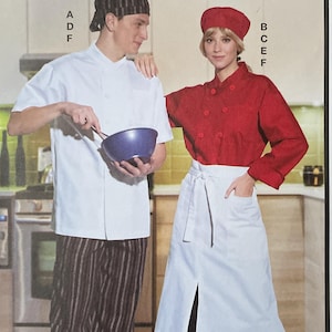 May include: McCall's sewing pattern for chef's clothing. The pattern includes a chef's jacket, trousers, apron, and hat. The image shows a man and woman wearing the chef's uniform. The pattern is designed and printed in the USA.