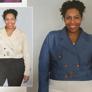 May include: A sewing pattern package featuring a woman modeling two different jackets. The package includes the text "knowME by mimi g" and "SIZE N5 (10-12-14-16-18)". The package also includes a QR code for a sew-along video tutorial.