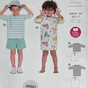 May include: A sewing pattern for children's shirts and dresses. The pattern includes illustrations of a boy in a striped shirt and shorts, and a girl in a dress with roller skate graphics. The pattern is labeled "burda kids" and includes size information.