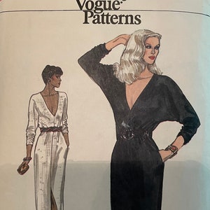 Vogue 7519 Pattern CUT Complete See Descrip Vintage 80s Very Easy Pullover Plunging Neckline Dress Long Dolman Sleeves Long Maxi Size 12