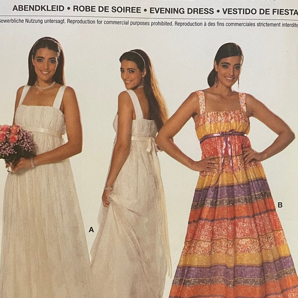 Burda 7689 Pattern UNCUT Regency Style Maxi Dress Sheer Overlay Shoulder Straps Shirred Bodice Size 8 10 12 14 16 18