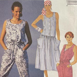 May include: McCall's 4873 sewing pattern envelope for size extra-small (6-8). The front displays illustrations of three outfits: a floral print jumpsuit, a vertical striped sleeveless dress, and a solid pink sleeveless romper with a drawstring waist.