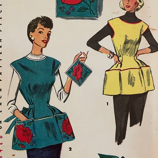 Simplicity 4492 Pattern 1950s Simple Make Cobbler Style Full Apron Half and Pot Holder Size Medium OR Small CUT Complete OR S UNCUt Va Ca