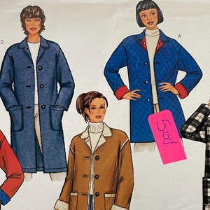 May include: A Butterick sewing pattern featuring illustrations of various coat designs. The coats are in different colors and styles, including a blue quilted coat, a red coat, a brown coat with a shearling lining, and a black and white plaid coat.