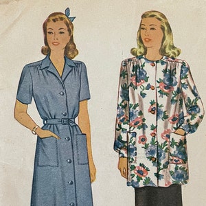 McCalls McCall 5442 Pattern UNCUT 1940s Vintage Button Front Dress or Tunic Short or Long Sleeves Self Belt Size Small Bust 30 32