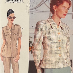 May include: A sewing pattern for a jacket and skirt. The pattern is for sizes 8-10-12. The jacket is a plaid pattern in white and light blue. The skirt is a solid light blue. The pattern is from Very Easy Very Vogue.