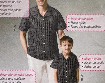 McCalls M6972 6972 Patrón sin cortar para pantalones cortos de camisa de manga corta con botones para hombres y niños. Aprende a coser para principiantes por diversión. Tallas 3-8 CA o S-xL VA.