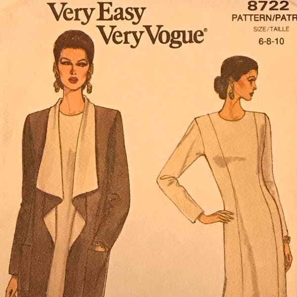 Vogue 8722 Pattern UNCUT Vintage 1990s Shawl Collar Jacket in Mid Thigh Length and Tea Length Dress Flared Skirt Princess Seams Size 6 8 10
