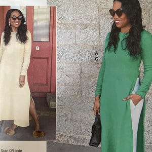 May include: A sewing pattern package with the text "BEAUTE J'ADORE knowME by mimi g". The package features images of a woman wearing a long green tunic with white pants and a long beige dress. The size is K5 (8-10-12-14-16).