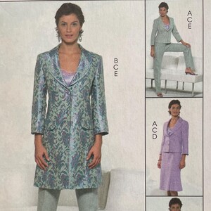 May include: McCall's sewing pattern M5062 featuring a non-stop wardrobe. The pattern includes options for a long coat, pants, skirt, and jacket. The main image shows a woman wearing a blue and green patterned coat and pants.