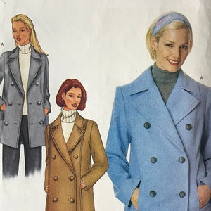 Butterick 6775 Pattern CUT Complete Double Breasted Coat Wide Notched Collar Front Seam Pockets Below Hip Above Knee Size 12 14 16 OR 6 8 10