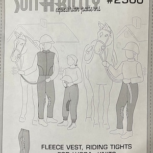 May include: A black and white illustration of a sewing pattern for a fleece vest, riding tights, and riding sweatpants. The pattern is called "Suit-Ability" and the pattern number is #2900. The illustration shows three people riding horses.