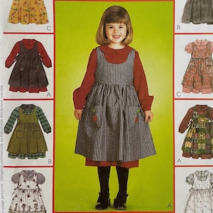 McCalls 2989 Pattern UNCUT Easy Girl's Long Short Sleeve Jumper Dress Peter Pan Collar Lace Trimmed Pinafore Border Print Fabric Size 2 3 4