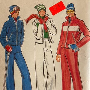 May include: Vintage sewing pattern for a ski suit, featuring three different styles. The pattern is for size 10 and includes instructions for making a red, white and blue ski suit, a white ski suit with a red scarf, and a blue ski suit with a white hat. The pattern is from Butterick and has the number 5686 on it.