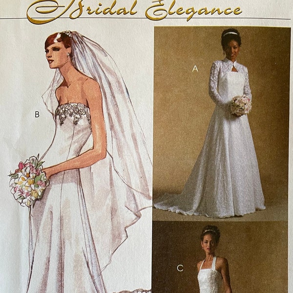 McCalls M4776 4776 Pattern UNCUT Bridal Elegance Strapless Sleeveless Gown Dress Train Lace Shrug Maxi Lace Size 4 6 8 10 OR 12 14 16 18