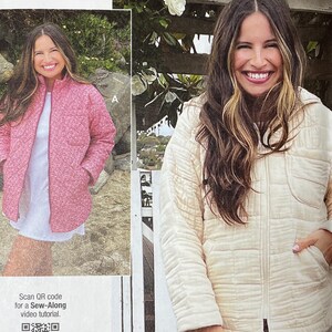 May include: A sewing pattern package with the text "knowME by mimiG" and "ALISSAH THREADS". The package features images of a woman wearing a pink quilted jacket and a cream-coloured quilted jacket. The size is R5 (14-16-18-20-22).