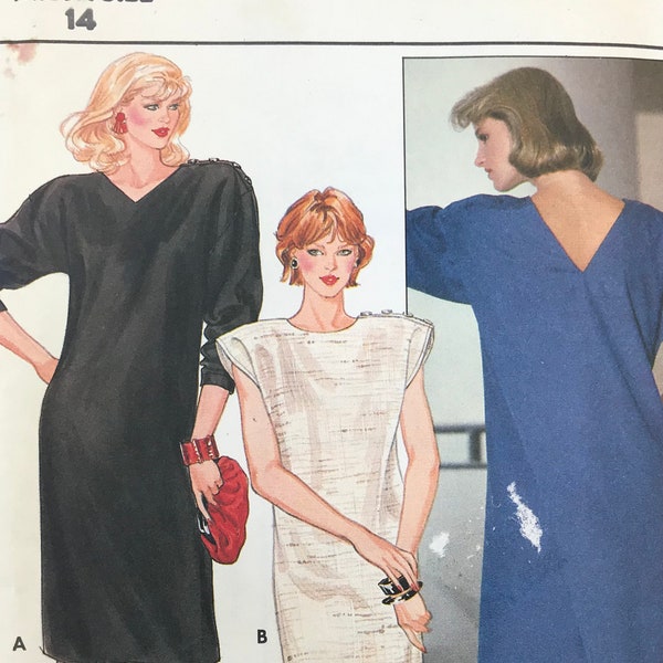 Butterick 6242 Pattern UNCUT Vintage 1980s V Scoop Neck Straight Dress V Shaped Open Back At Below Knee Length Shaped Hem - Size 14 Bust 36