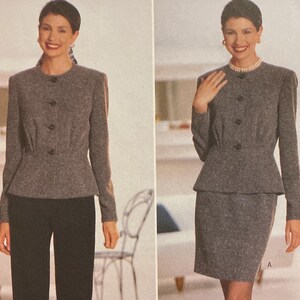 May include: A vintage Butterick sewing pattern featuring a David Warren design. The pattern includes instructions for a two-piece suit with a fitted jacket and either pants or a skirt. The pattern size is 6-8-10.