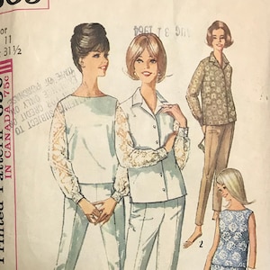 Simplicity 5509 Pattern CUT MISSING CUFF 1960s Vintage Front or Back Buttoned Blouse Notched Collar Long Sleeves Sleeveless Pants Size 11