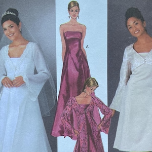 May include: Simplicity sewing pattern with three bridal dress designs. Sizes available are 6, 8, 10, and 12. The cover shows images of the finished dresses, including a strapless gown and a long-sleeved wedding dress. Measurements are in EUR and FR sizes.
