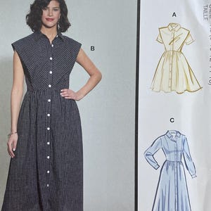 May include: McCall's sewing pattern showing a button-down dress on a woman. The pattern includes multiple view options and simple instructions. The size is K5 (8-10-12-14-16). Designed and printed in the USA.