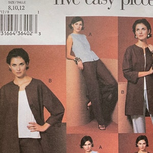 May include: A sewing pattern for five easy pieces, featuring a long-sleeved jacket, a sleeveless top, and a skirt. The pattern is for sizes 8, 10, and 12. The pattern is called "five easy pieces".