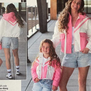 May include: A sewing pattern package featuring a woman and a child wearing matching pink and white jackets and denim shorts. The package includes the text "knowME by mimig" and "SIZE A (S-M-L/S-M-L-XL)". The package also includes a QR code and the text "Designed and printed in USA".