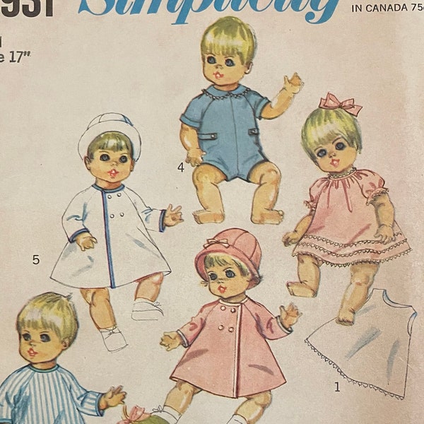 Simplicity 7931 Pattern UNCUT 1960s 17" Betsy Wetsy Doll Clothes Slip Dress Pajamas Robe Romper Coat and Hat
