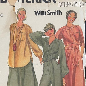 May include: Vintage Butterick sewing pattern featuring designs by Willi Smith. The pattern includes illustrations of three different outfits: a long-sleeved blouse and skirt, a jumpsuit, and a dress. The pattern size is 16.