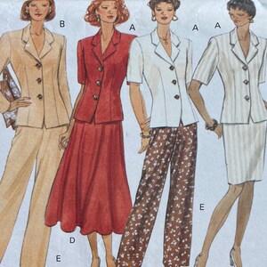 May include: Butterick Classics sewing pattern for women's suits. The pattern offers options for blazers, skirts, trousers, and a scarf. The suits are in various colours, including beige, red, white, and brown. The pattern number is 3438.