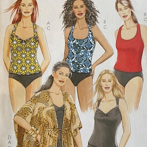 May include: McCall's sewing pattern M5674 featuring illustrations of swimwear designs. The pattern includes various styles of tops and bottoms, with options for different looks. The cover displays images of the finished garments, with size information.