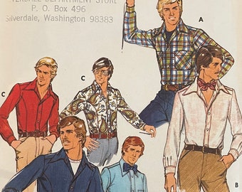 Butterick 4575 Pattern UNCUT 1970s Vintage Mens Fashion One Button Front Shirt Fitted Seams Pointed Collar Pockets Size Chest 44 VA