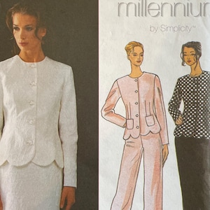 Peut inclure: Patron de couture Simplicity pour un tailleur femme. Le patron comprend une veste, une jupe et un pantalon. Le patron est pour les tailles 6, 8, 10. Le patron s'appelle "millennium by Simplicity".