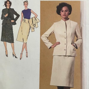 May include: Simplicity sewing pattern number 9243 for a skirt and jacket set. The pattern is for size 12 misses. The pattern shows a white skirt and jacket set with a mandarin collar. The model is wearing white shoes.