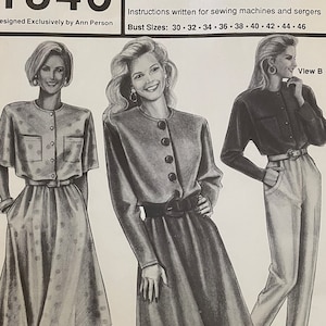 May include: A sewing pattern for a button front dress and blouse. The pattern number is 1546. The pattern is designed by Ann Person. The pattern includes instructions for sewing machines and sergers. The bust sizes are 30-32, 34, 36, 38, 40, 42, 44, and 46. The suggested retail price is $5.00.